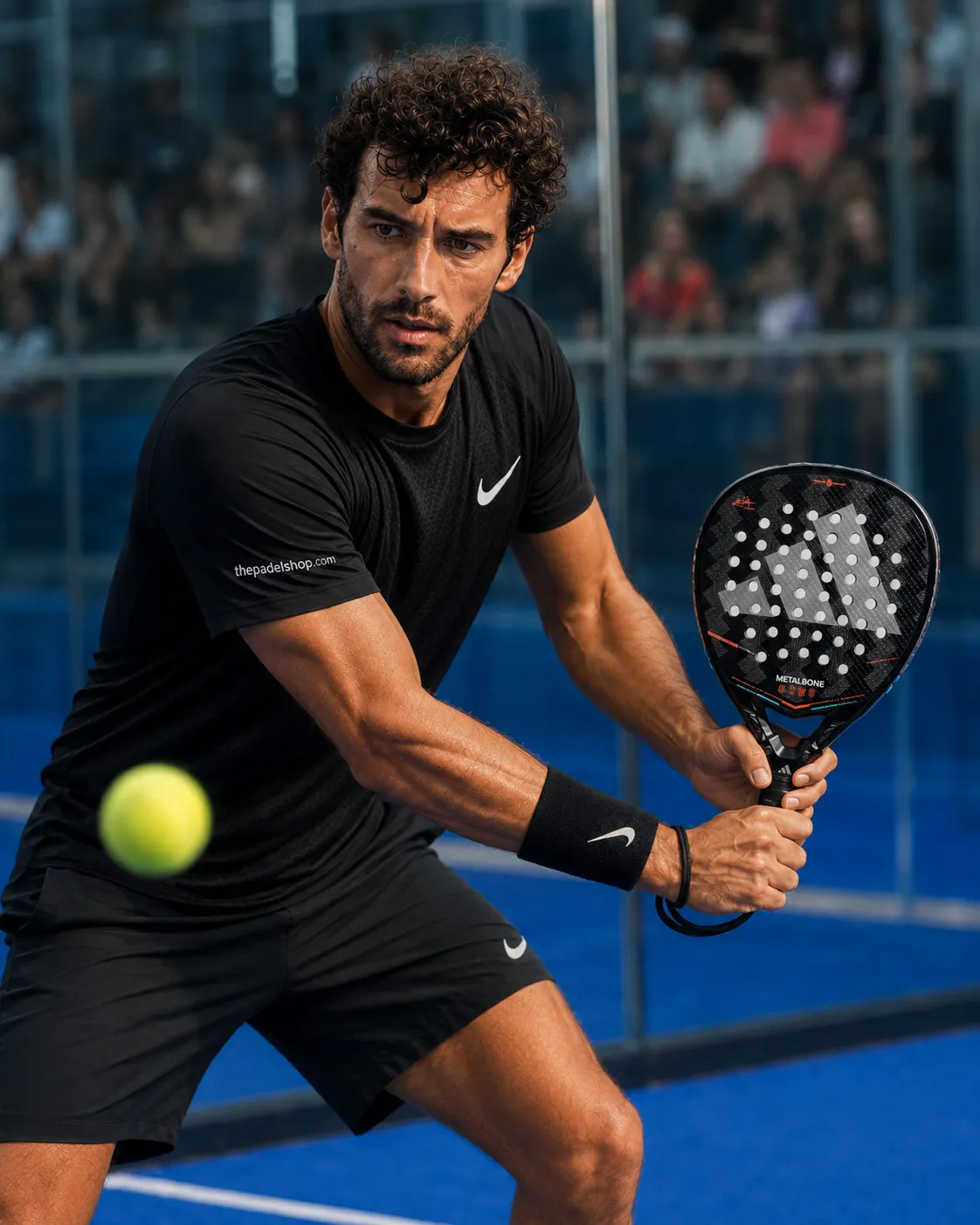 Luca Navarro testing the Adidas Metalbone 2026 padel racket on court