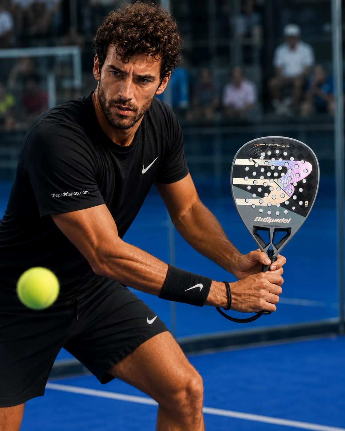 Luca Navarro testing the Bullpadel Hack 04 2026 padel racket on court