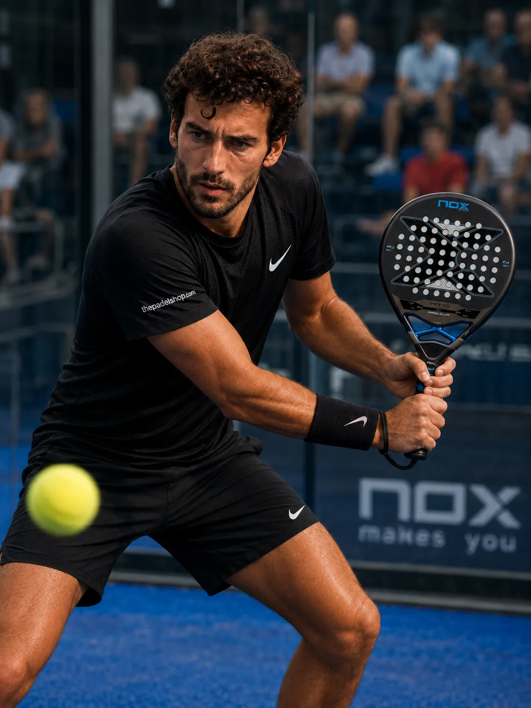 Luca Navarro testing the Nox AT10 Pro Cup Soft padel racket on court