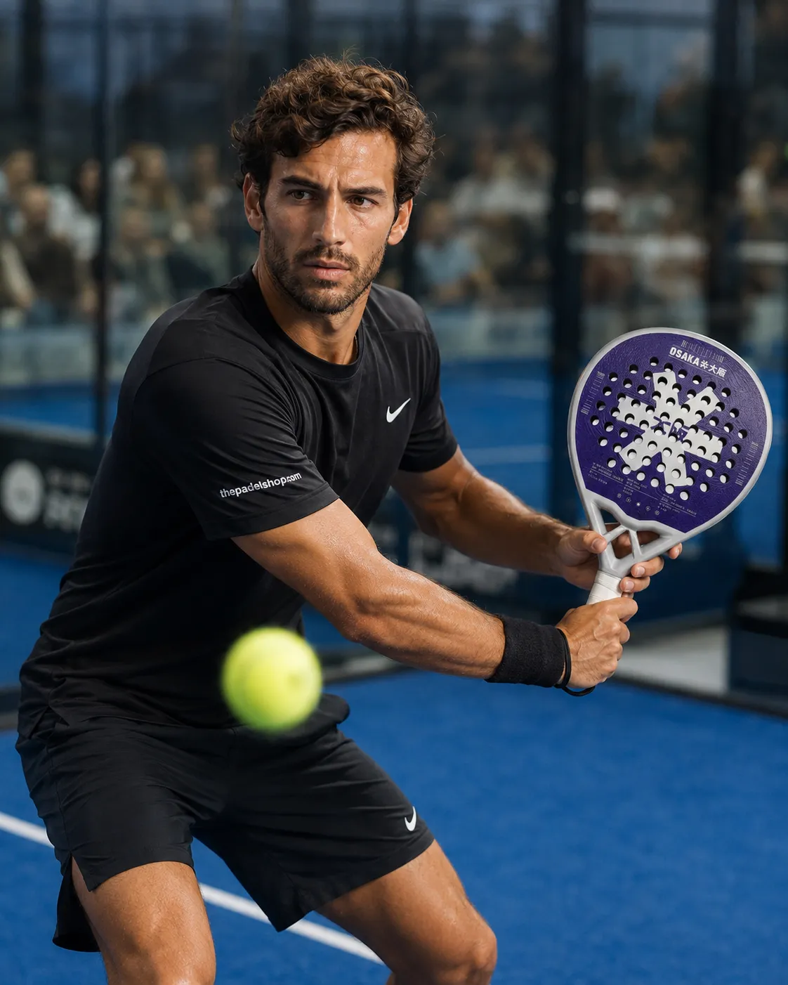 Luca Navarro testing the Osaka Pro Tour Control padel racket on court