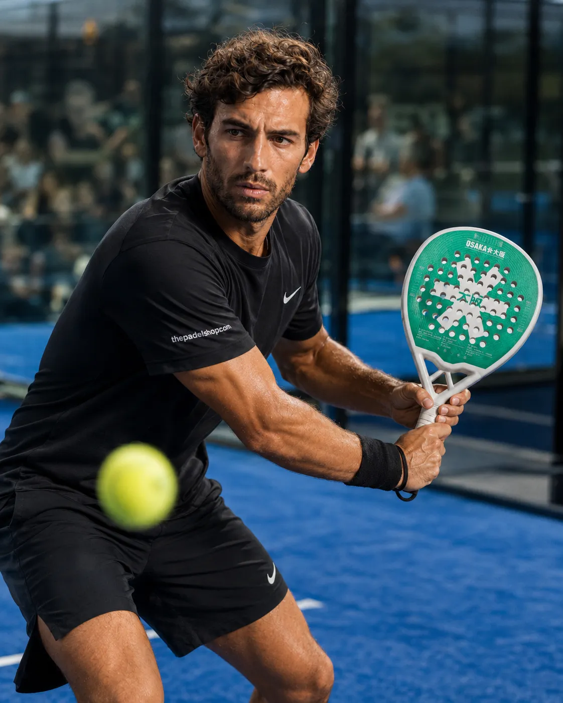 Luca Navarro testing the Osaka Pro Tour Power padel racket on court