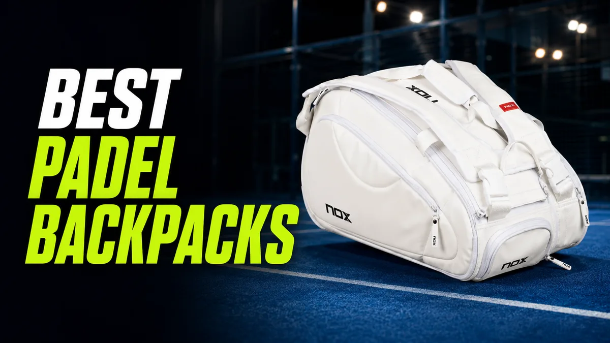 White Nox padel backpack on an indoor padel court at night