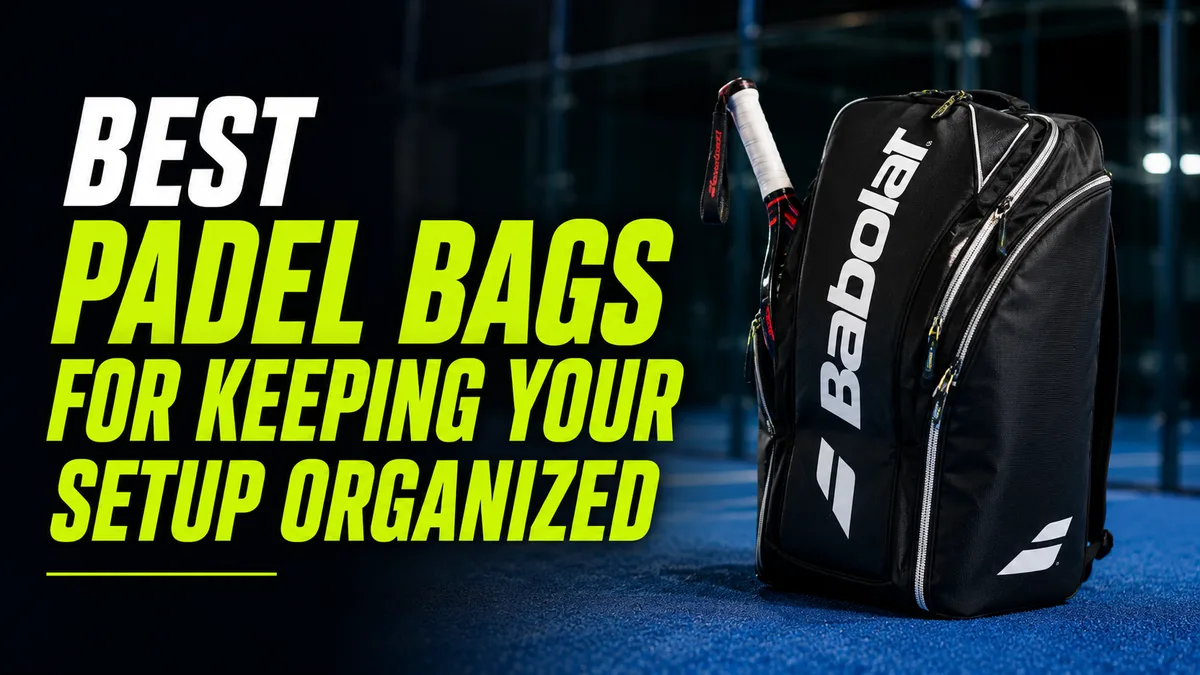Black Babolat padel bag with a racket handle visible, standing on an outdoor padel court