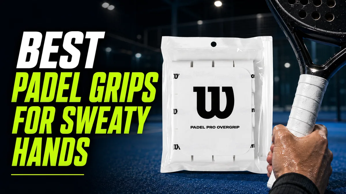 A sweaty hand gripping a padel racket handle next to a packaged Wilson Padel Pro overgrip on an indoor court