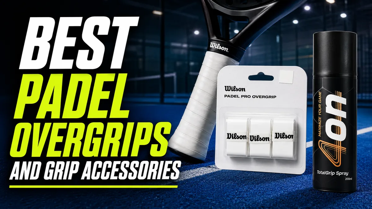 A padel racket with a Wilson overgrip applied next to a packaged Wilson Padel Pro overgrip 3-pack and a can of grip spray
