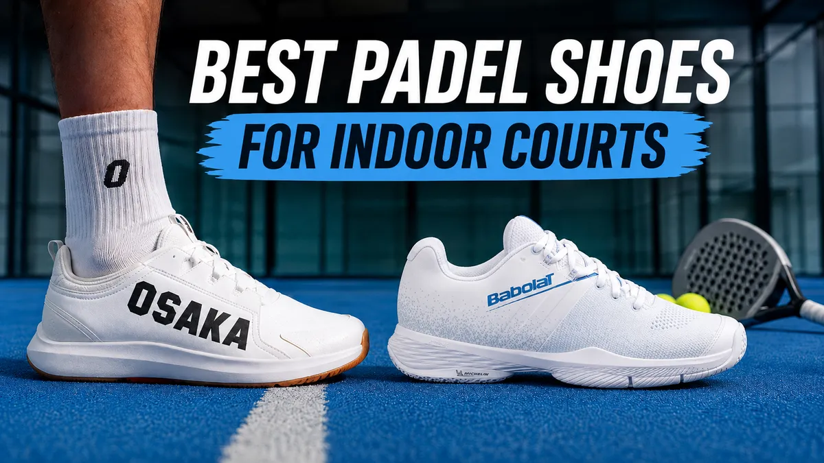 Two white padel shoes, an Osaka and a Babolat, shown on an indoor blue padel court beside a padel racket and ball
