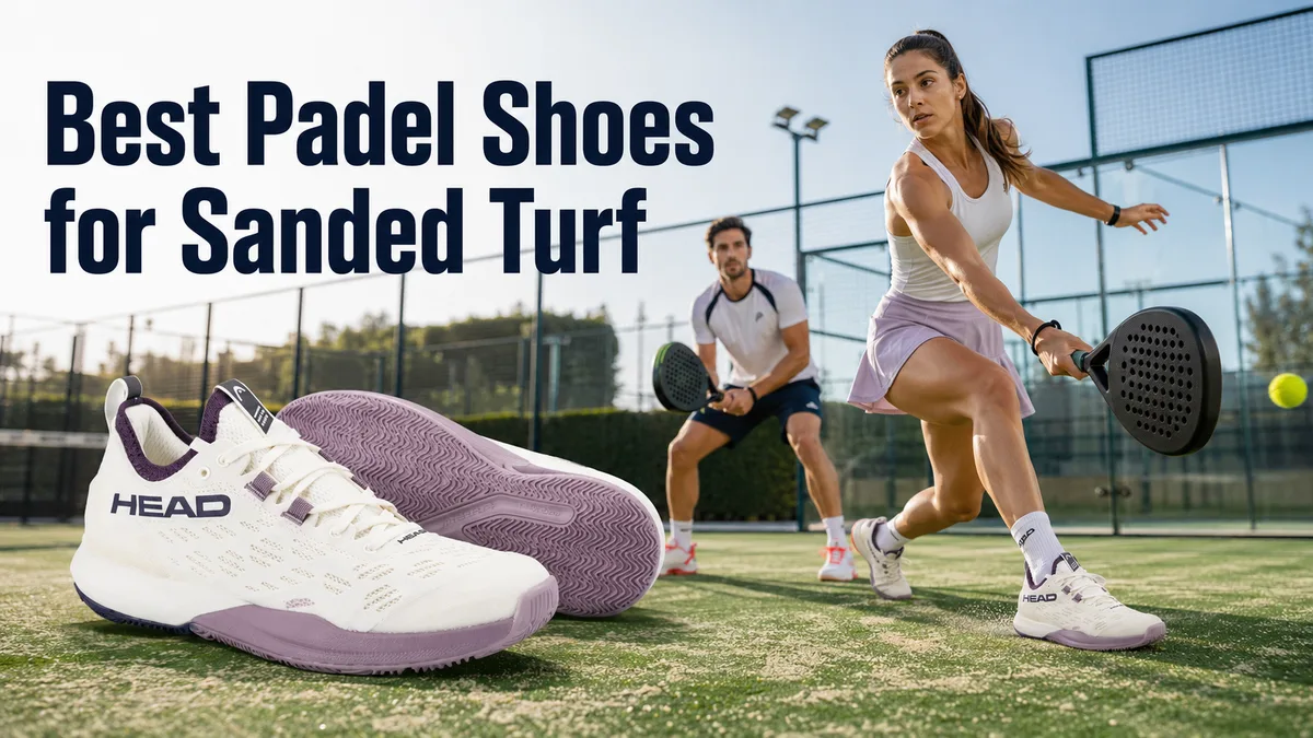 White and lavender Head padel shoes for sanded turf in the foreground with two players rallying on an outdoor sanded turf padel court