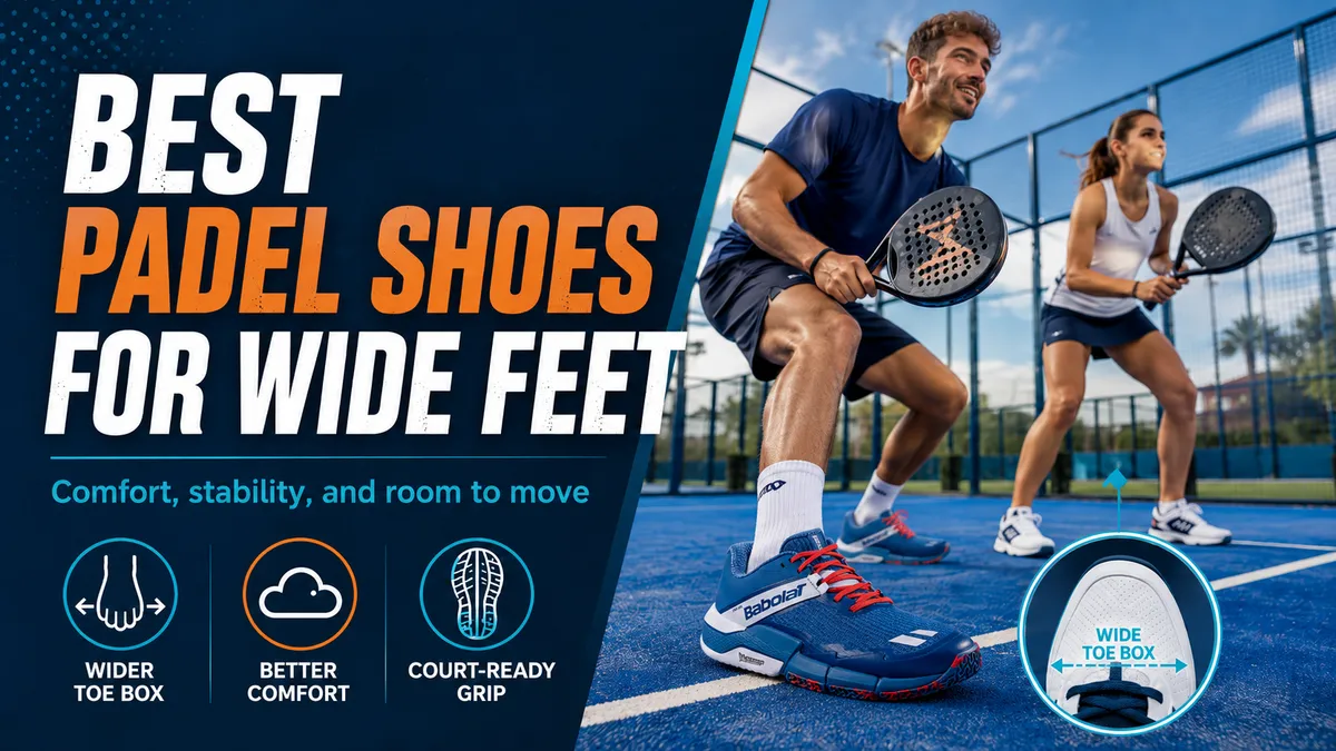 Padel players on court wearing padel shoes, with a close-up callout highlighting a wide toe box built for wide feet
