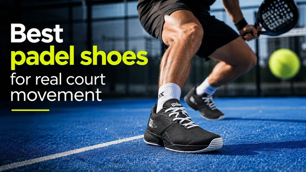 Court-tested padel shoes for real court movement lined up beside a padel court
