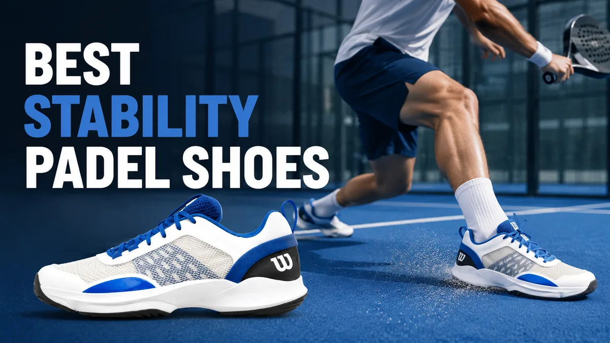 Blue and white Wilson stability padel shoe in the foreground with a player lunging for a shot on an indoor padel court