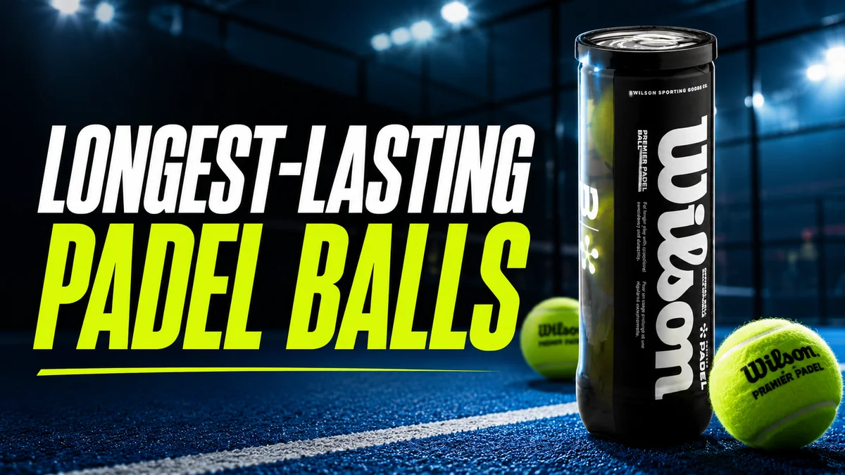 Tube of Wilson Premier Padel balls standing on an indoor blue padel court with two padel balls resting beside it