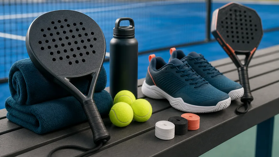 Beginner padel setup with racket, shoes, balls, overgrips, and water bottle on a court bench