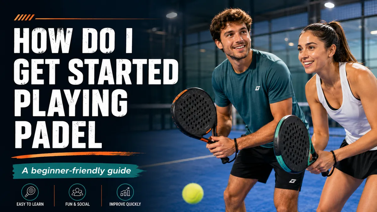 A man and woman on an indoor padel court smiling while holding padel rackets, with the text 'How Do I Get Started Playing Padel — A Beginner-Friendly Guide'