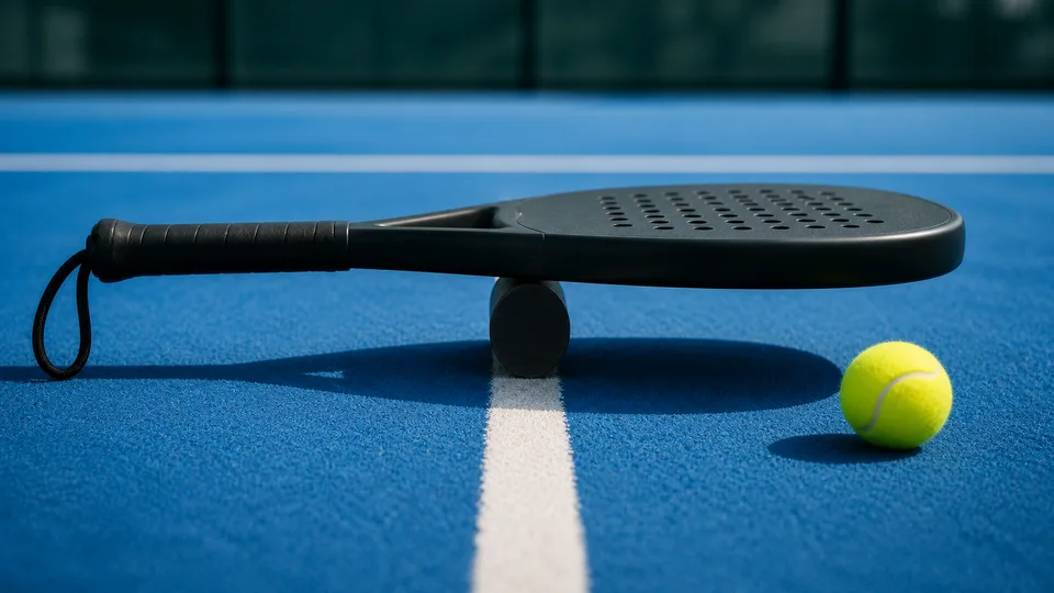 Unbranded padel racket balanced on a small fulcrum on a blue court