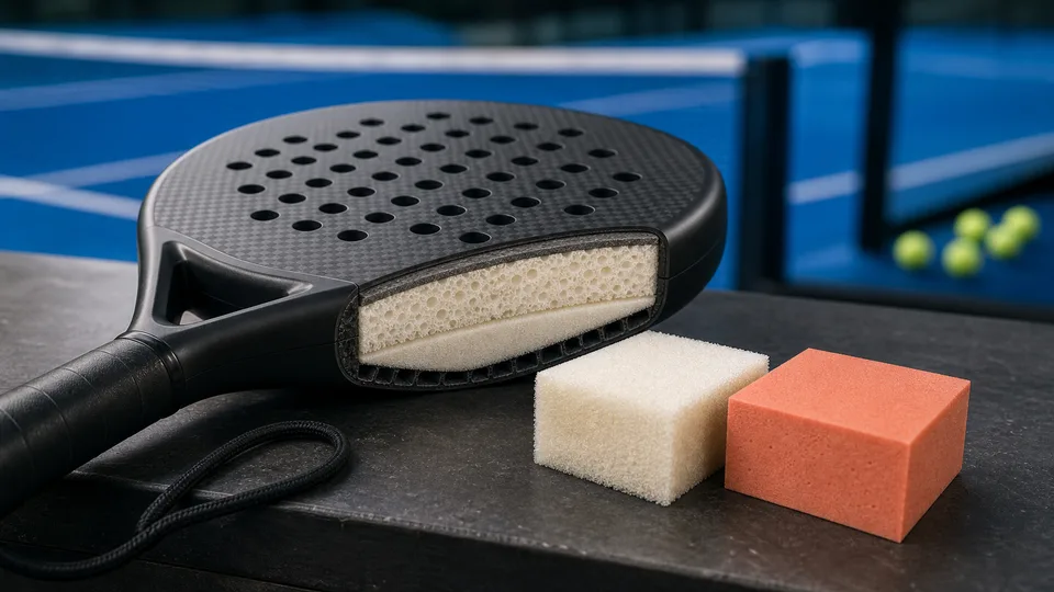Cutaway-style unbranded padel racket core with two foam sample blocks on a workbench