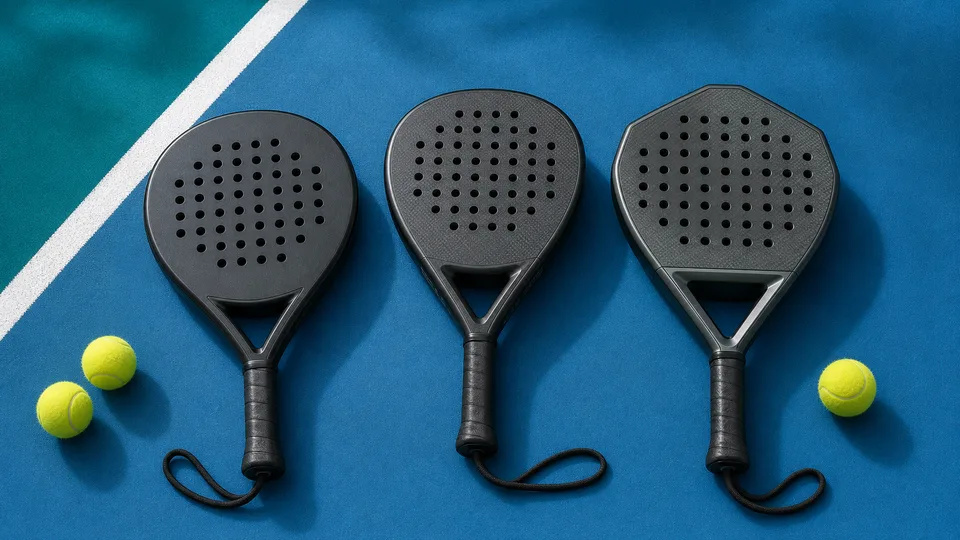 Three unbranded padel rackets showing round, teardrop, and diamond shapes on a blue court