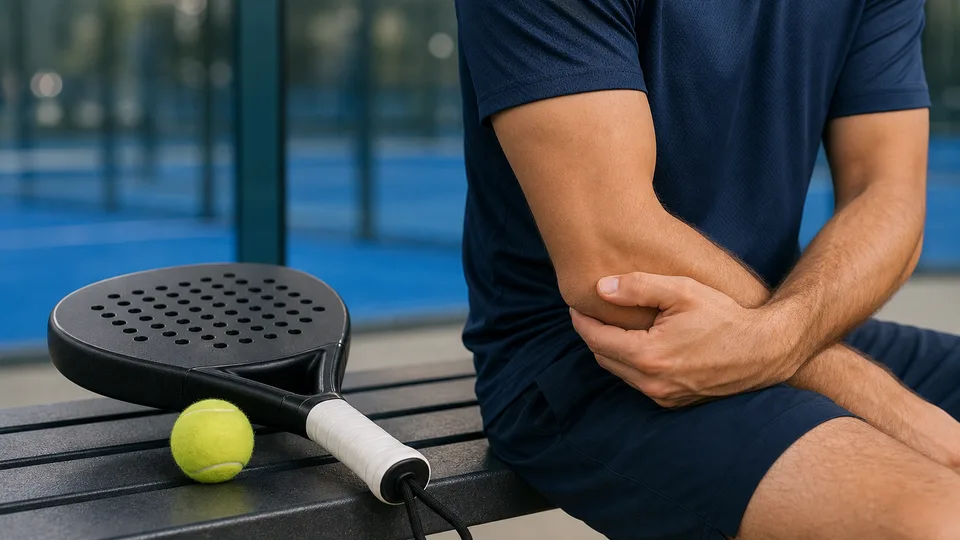 Padel player holding the outside of the elbow beside an unbranded racket on a court bench