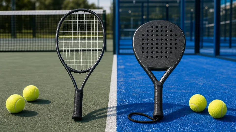 Unbranded tennis racket and padel racket side by side on tennis and padel court surfaces